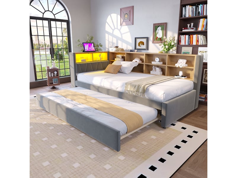  Lit banquette 90 x 200 cm avec lit gigogne 90 x 190 cm, canapé-lit multifonction, led, prises et rangements, gris foncé evarich - Conforama B