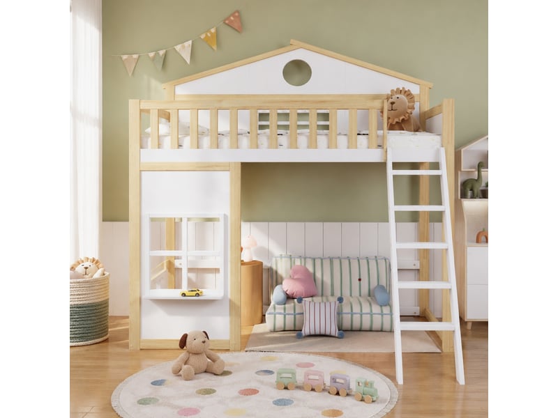 Lit superposé cabane enfant 90x200 cm avec garde-corps en pin et mdf blanc et naturel - Conforama D