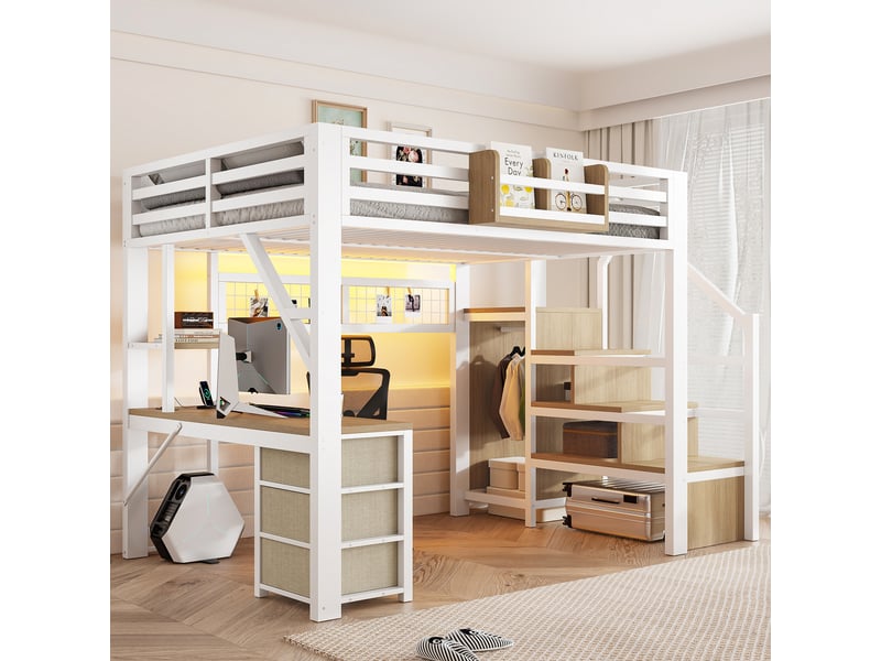 Lit mezzanine enfant 140x200 cm, bureau intégré avec station de charge, armoire, 3 tiroirs, étagère, panneau perforé, led, métal blanc Radiant Stride - Conforama B