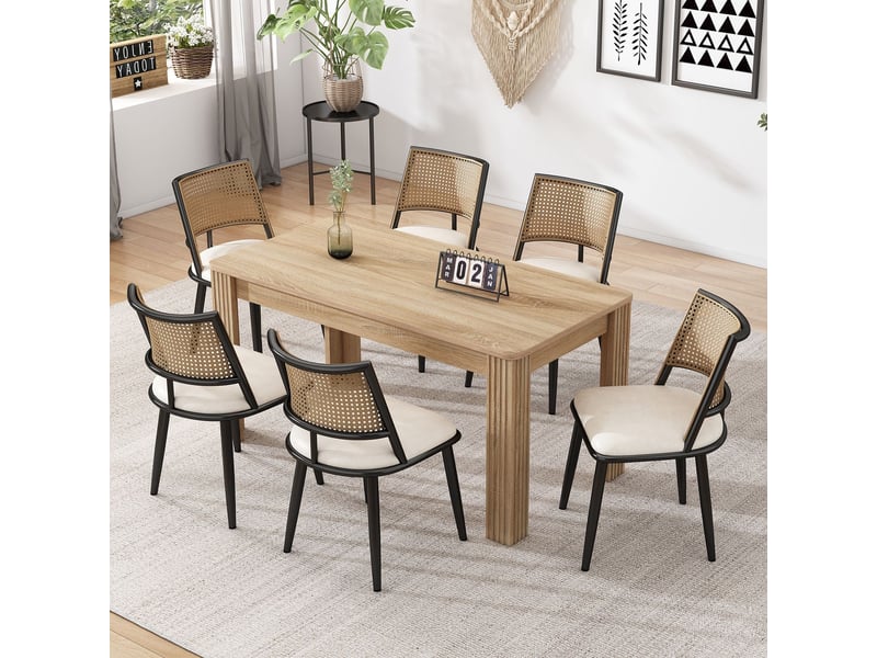  Chaise de salle à manger lot de 6, assise pu chaise rembourrée, dossier en rotin, coloris noir  - Conforama A