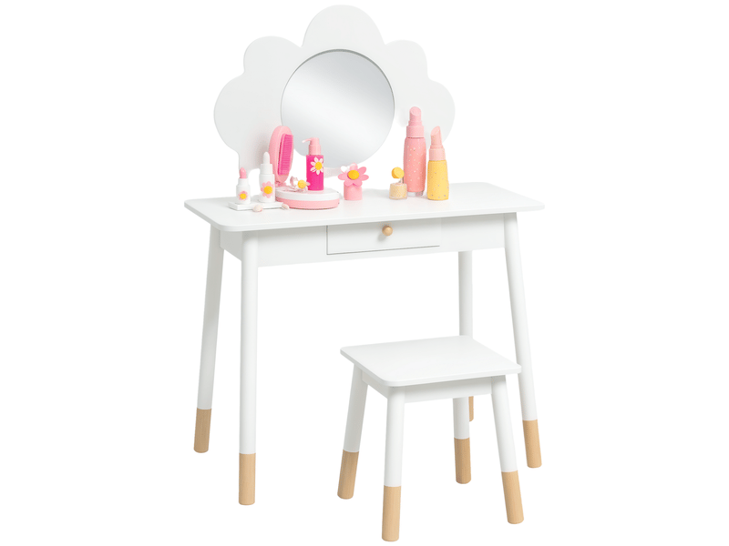  Arkswift, ensemble coiffeuse pour enfant avec tabouret, coiffeuse 2 pièces pour enfants de 3 à 6 ans, miroir forme de nuage, blanc  - Conforama A