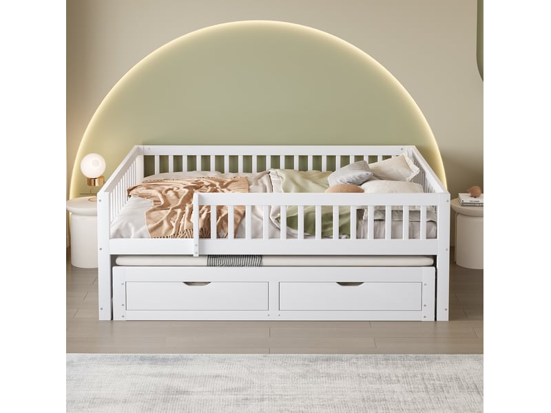 Lit gigogne 140x200 cm avec barrière de sécurité, 2 tiroirs et sommier blanc - Conforama E