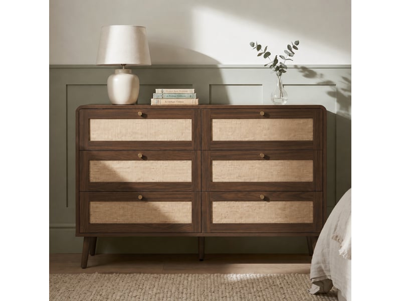  Commode tcqpz 6 tiroirs 120 x 40 x 80 cm mdf finition noyer panneaux effet rotin  - Conforama E