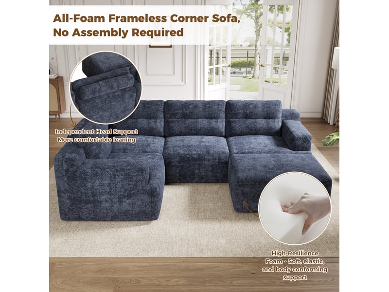 Canapé modulaire 5 places 252x180 cm – bleu – chenille, pouf inclus, configuration évolutive sans montage - Conforama E
