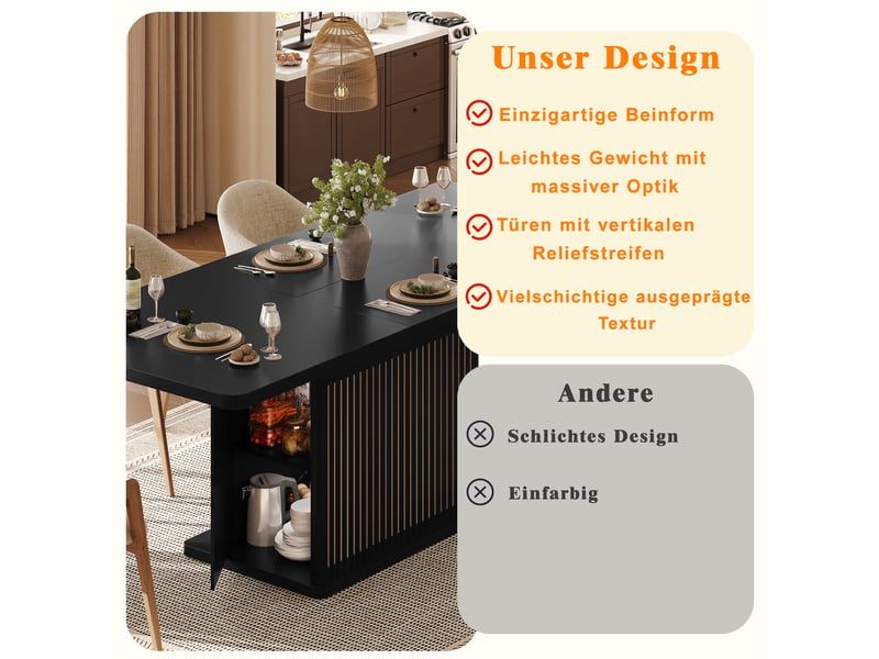  Table extensible avec rangement dissimulé à portes, pour salle à manger, en mdf et métal, noire, 120 × 80 × 76 cm  - Conforama E