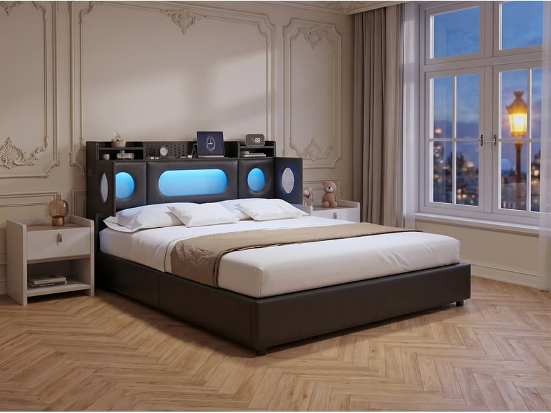 Lit coffre 140x200 cm en tissu effet lin - éclairage led et port usb - tête de lit avec rangement - sommier relevable - Conforama D