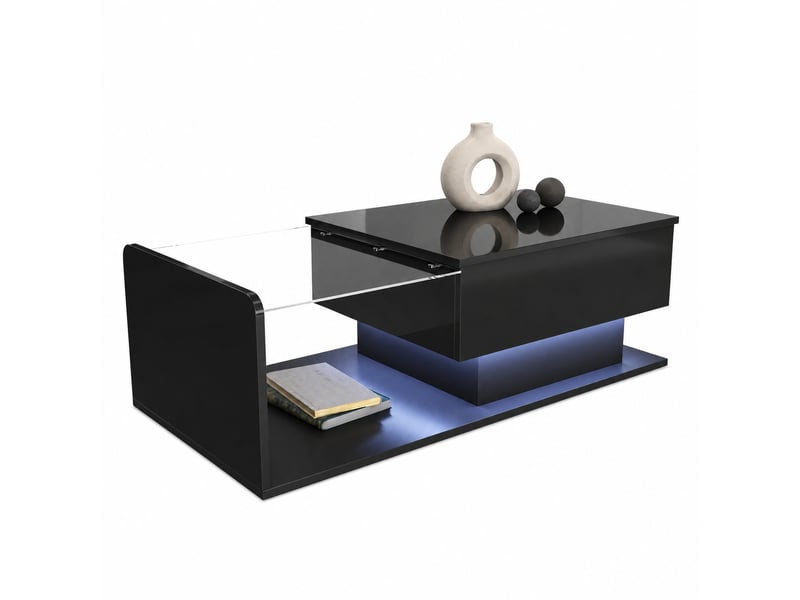  Table basse relevable avec plateau en verre trempé, rangement caché et led, pour salon, 100 x 50 x 47.5 cm, noir  - Conforama A
