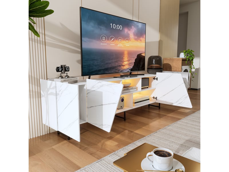  Meuble tv - 220 x 34.5 x 67.7 cm-blanc et marbre - avec portes biseautées et éclairage led - meuble de salon design  - Conforama D