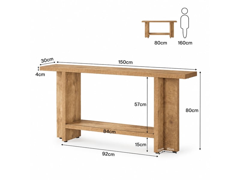  Table console d'entrée 150x30x80 cm marron en mdf à 2 niveaux, rangement ouvert derrière canapé du salon pour la décoration  - Conforama C