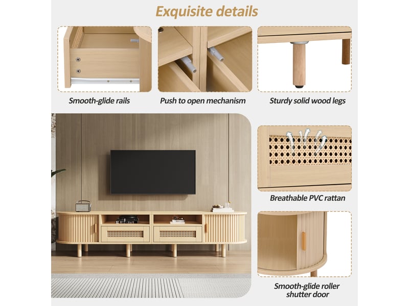  Meuble tv bas ovale 170 x 40 x 40 cm, 2 tiroirs effet rotin, 2 portes coulissantes, tv jusqu'à 70 pouces, mdf effet bois clair Radiant Stride - Conforama E