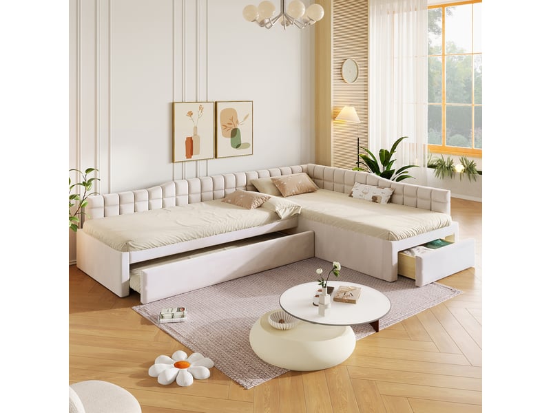  Lit superposé en l 90x200 cm avec lit gigogne, tiroirs et velours beige, sans matelas  - Conforama E