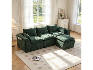 Canapé modulable d’angle en l 3 places en tissu vert, 256 x 161 x 75 cm, sans montage, avec pouf, porte-gobelets, poches latérales, livré compressé
