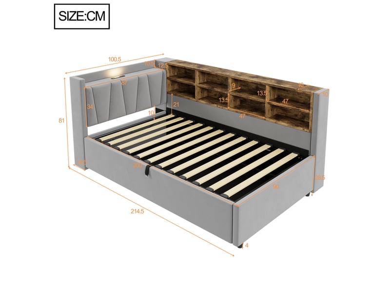 Canapé-lit 90x200 cm avec rangement – avec éclairage – avec ports de charge usb et type-c – avec compartiments de rangement – gris clair (matelas non inclus) - Conforama C