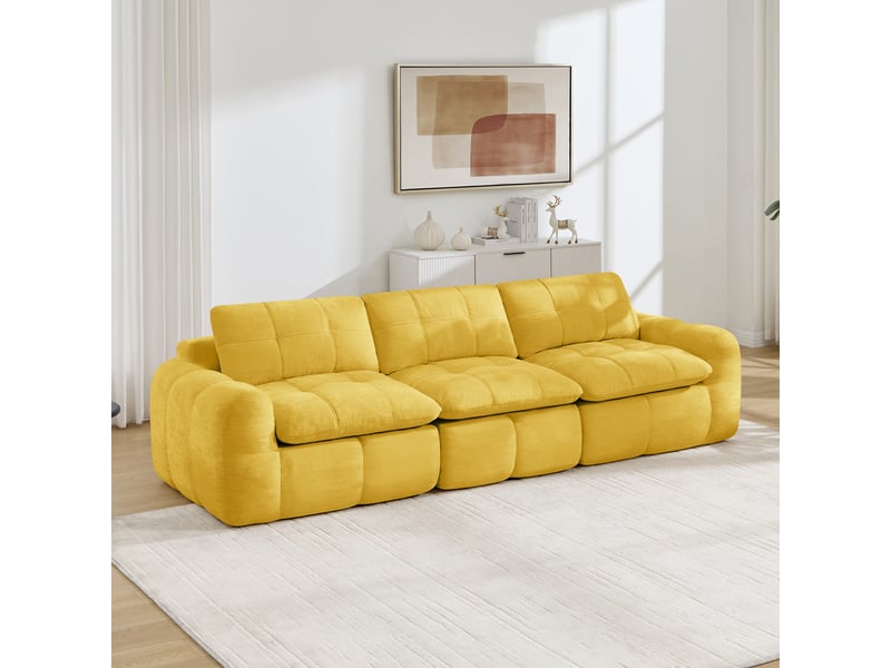  Canapé fixe, droit, modulaire, en tissu chenille, jaune 264x97x68cm - Conforama C