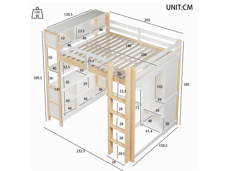  Lit mezzanine 140x200 cm avec bureau, rangements et armoire blanc et naturel  - Conforama C