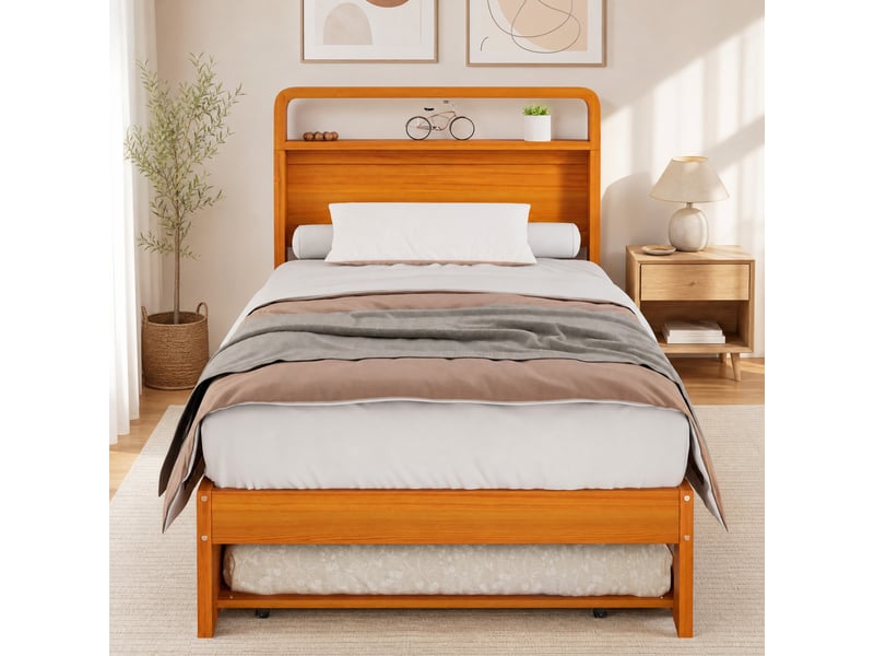  Lit gigogne 90x200 cm, couchage d'appoint gauchedroite, tête arrondie, en bois, naturel, sans matelas  - Conforama B