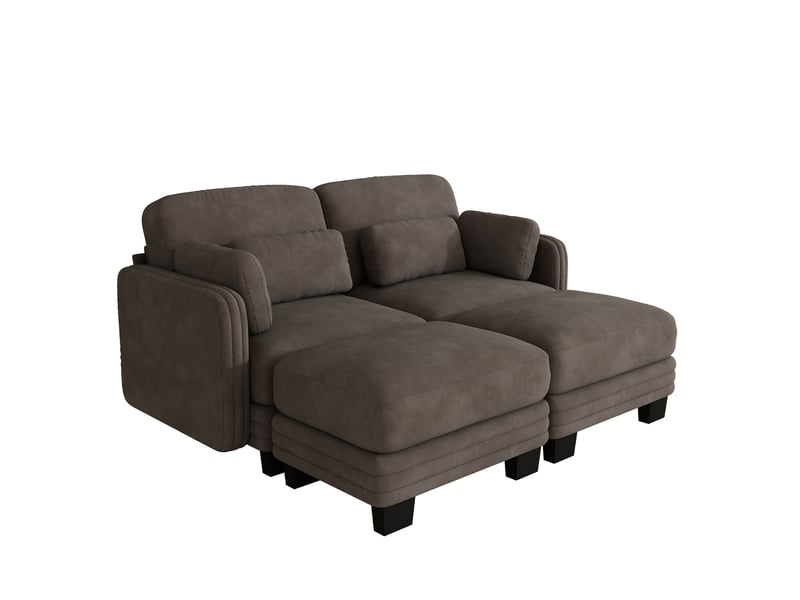 Canapé droit modulable 2 places avec 2 ottomanes en chenille marron 176x143x88 cm - Conforama D