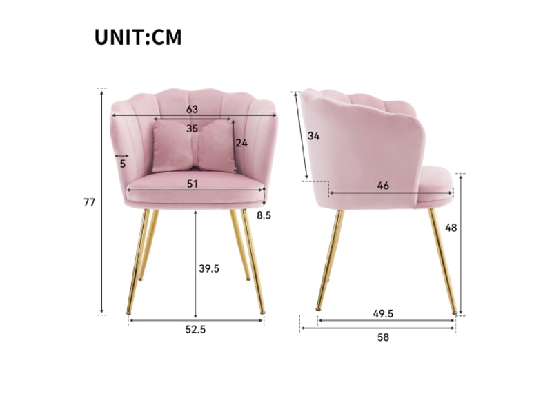  Lot de 4 chaises de salon, chaise rembourrée avec dossier en pétale, pieds en métal plaqué or et coussin papillon, rose, en velours  - Conforama D