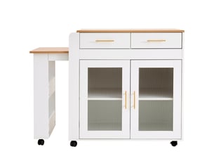 Desserte de cuisine à table extensible avec tiroirs, placard, niches et prises usb, blanche, en panneau de particules