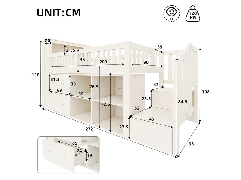 Lit mezzanine simple 90×200 cm avec tiroirs, étagères, led, usb et usb-c - okmyhome- sans matelas, blanc - Conforama D