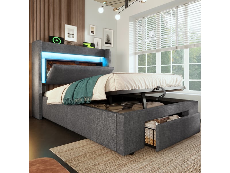  Lit coffre 90 × 200 cm 1 place avec led réglable, usb et usb-c, tiroir, matelas inclus, gris en lin  - Conforama C