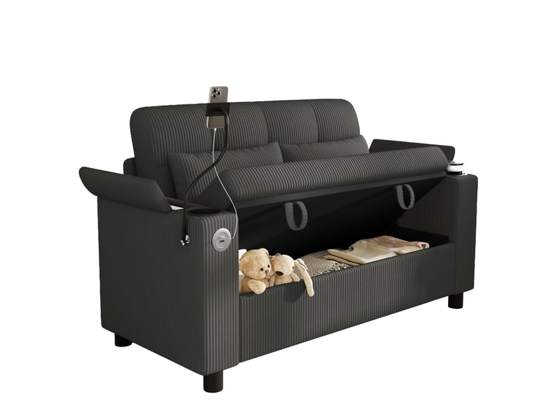 Canapé 2 places avec coffre 136,5x79,5x83,6 cm, rangements d’accoudoirs, 2 porte-gobelets, usbtype-c, support téléphone, velours côtelé gris - Conforama A