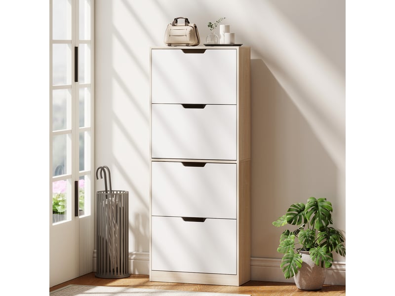  Meuble à chaussures fin et peu encombrant avec 4 tiroirs pour 20 paires de chaussures, 62,5 x 26 x 156 cm, bois et blanc  - Conforama D