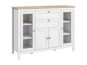 Buffet de salon, meuble de rangement avec un placard à double porte, deux portes vitrées, deux tiroirs et une étagère réglable, 120 x 40 x 90 cm