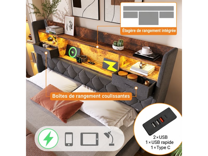 Lit coffre 140x200 avec matelas inclus, led, usb-c, lin gris  - Conforama D