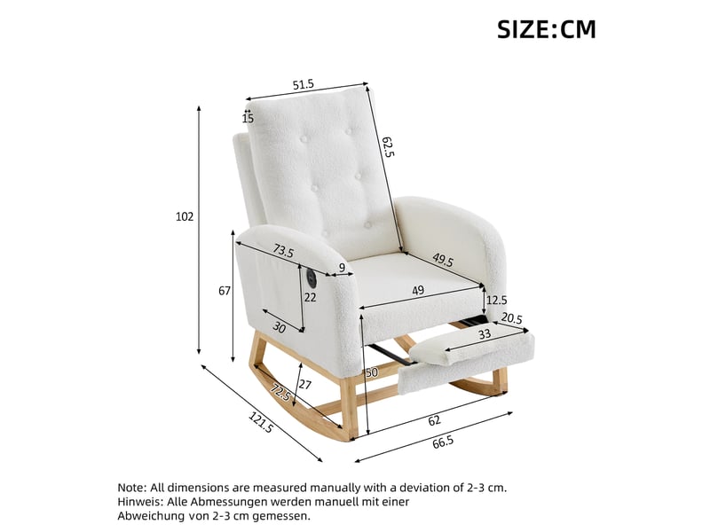 Fauteuil à bascule blanc 66,5 × 121,5 × 102 cm, tissu bouclette, repose-pieds réglable, poches latérales avec port usb - Conforama B