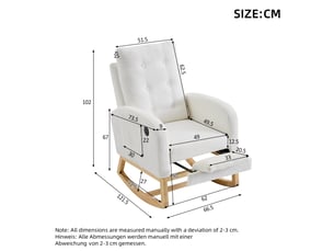Fauteuil à bascule blanc 66,5 × 121,5 × 102 cm, tissu bouclette, repose-pieds réglable, poches latérales avec port usb