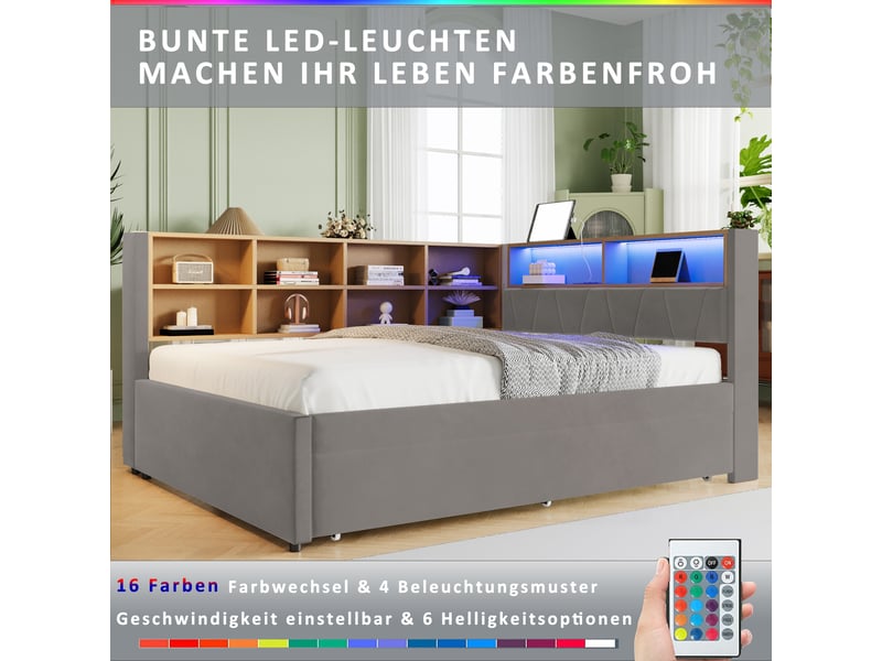  Canapé-lit 140x200 cm flanelle gris avec tiroir-lit, led, usb-c et rangements intégrés  - Conforama D