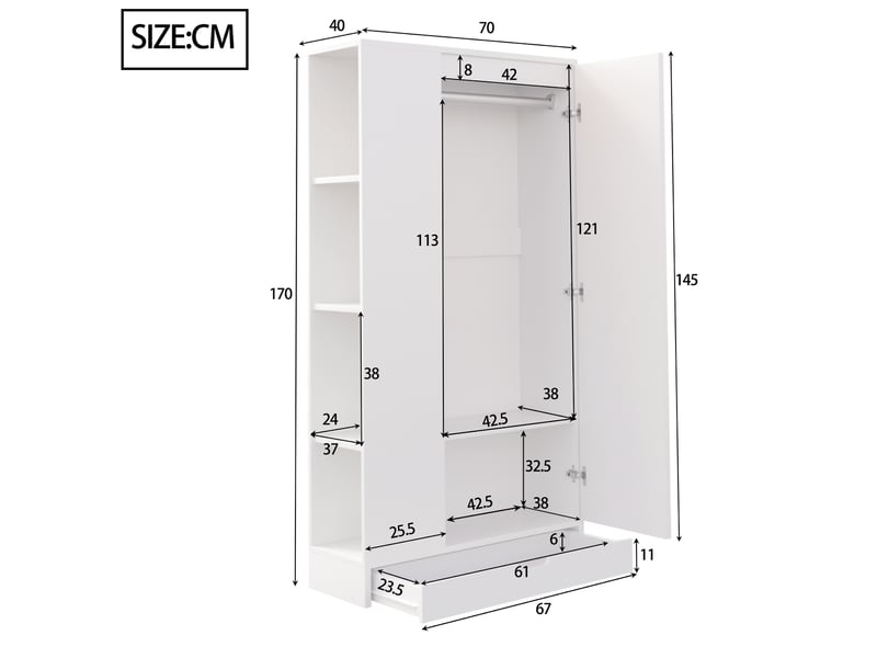  Armoire penderie 1 porte avec étagères et tiroirs blanc 70x40x170 cm LDT00308AAK - Conforama C