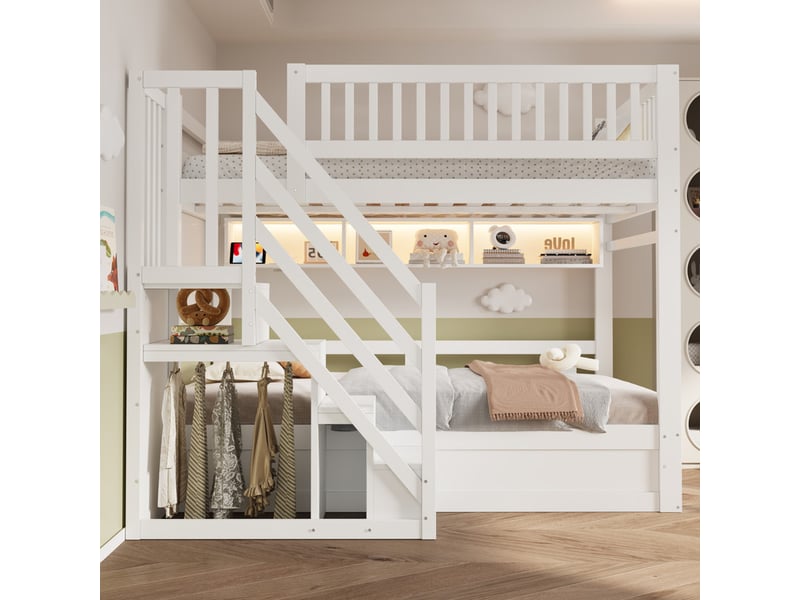Lit superposé 250 × 200 cm – avec escalier de rangement – avec étagères – avec éclairage led – avec prise électrique – blanc (matelas non inclus) - Conforama B