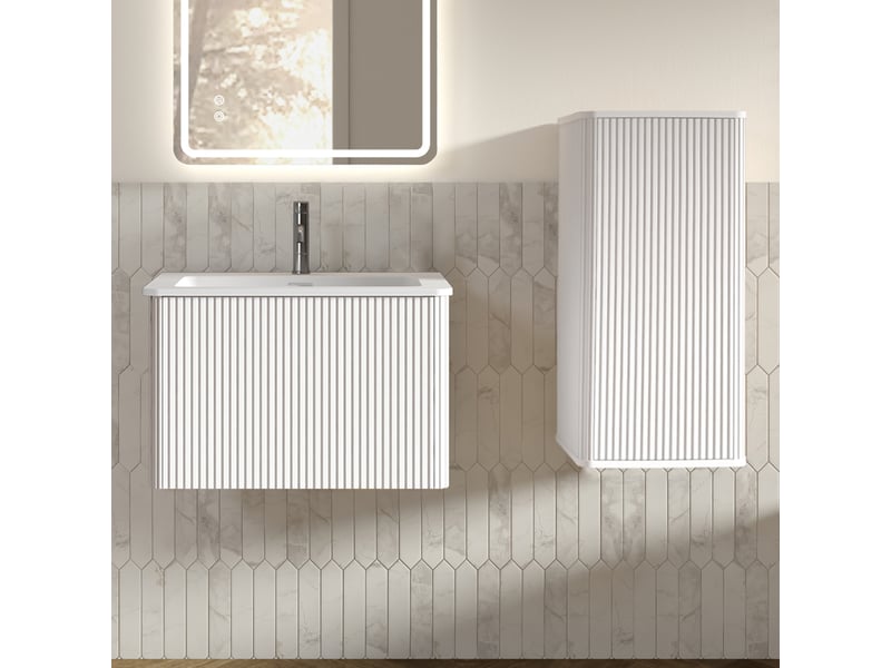  Meuble sous vasque avec meuble colonne, rangements suspendus et vasque en résine pour salle de bain blanche  - Conforama B