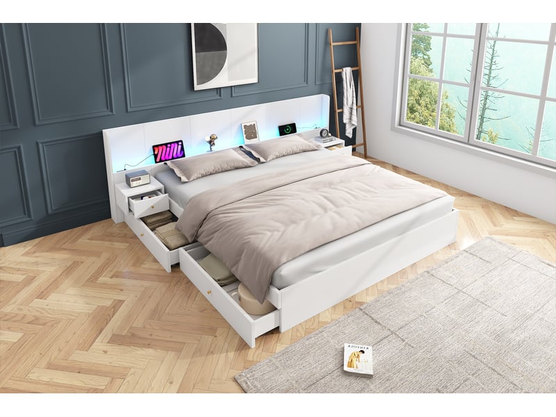  Lit avec rangements, led pilotable, usb, prises, 2 chevets et tiroirs, sommier à lattes, mdf, 180x200 cm, blanc  - Conforama D