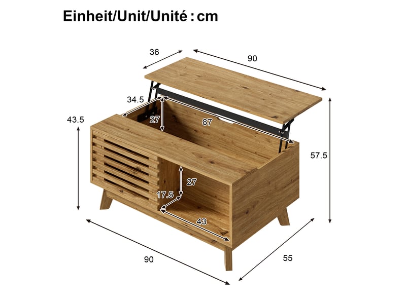  Table basse relevable avec plateau coulissant, porte à lamelles, rangement modulable en mdf, naturel, 90 × 55 × 57,5 cm  - Conforama E