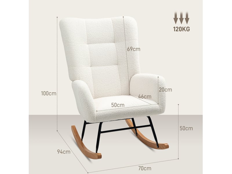  Fauteuil à bascule crème avec accoudoirs et pieds en bois, confort teddy, idéal pour salon ou chambre  - Conforama D