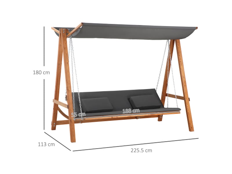 Balancelle de jardin 3 places avec fonction lit, toit, bois de pin gris et teck, 225,5x113x180 cm - Conforama C