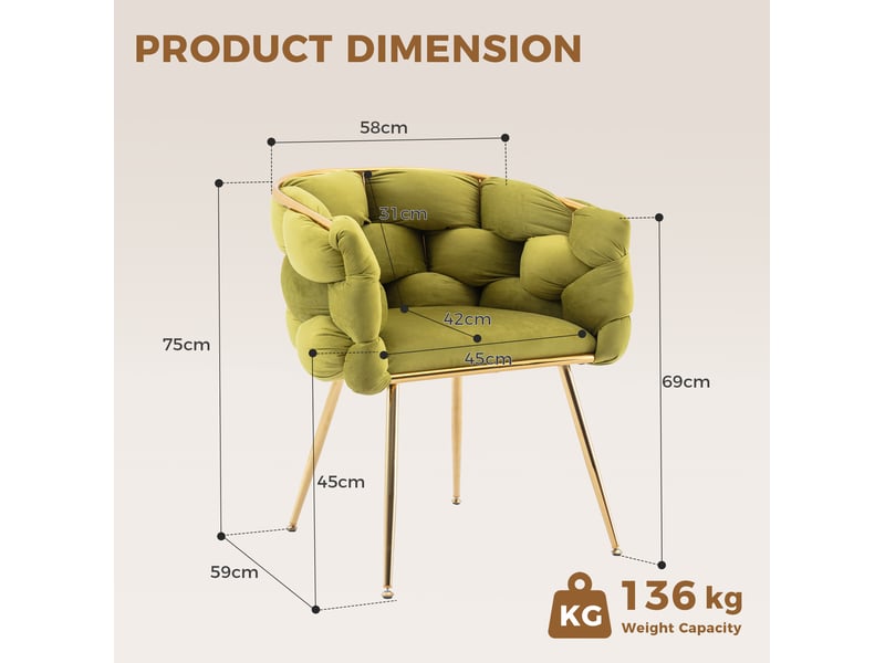  Lot de 2 fauteuils d’appoint modernes en velours vert olive avec accoudoirs et pieds en métal doré  - Conforama C