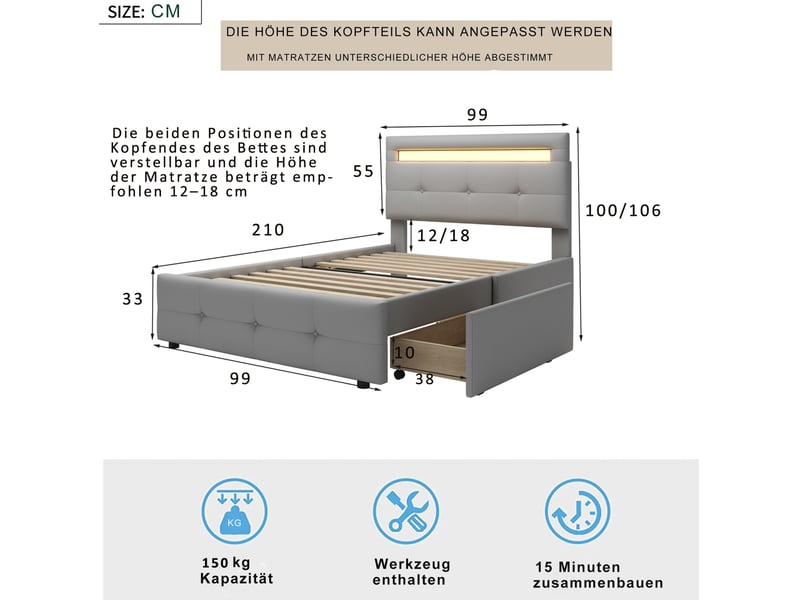  Modenvie lit 1 place capitonné 90x200 cm - avec led et 2 tiroirs, tête de lit réglable - gris  - Conforama C