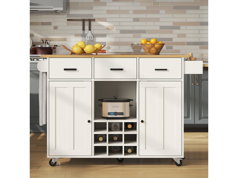  Îlot de cuisine 124x40x85.3cm, desserte avec 2 portes, 3 tiroirs, casier à vin, plateau pliable, mdf blanc  - Conforama R