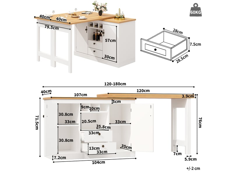 Meuble bar extensible 120-180 cm, rotatif 360° avec rangement et porte-bouteilles, mdf - blanc - Conforama C
