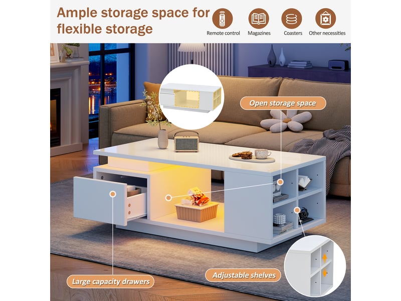  Table basse avec tiroir, niches latérales et led pour salon 100×50×36 cm en panneaux de particules blanc  - Conforama C