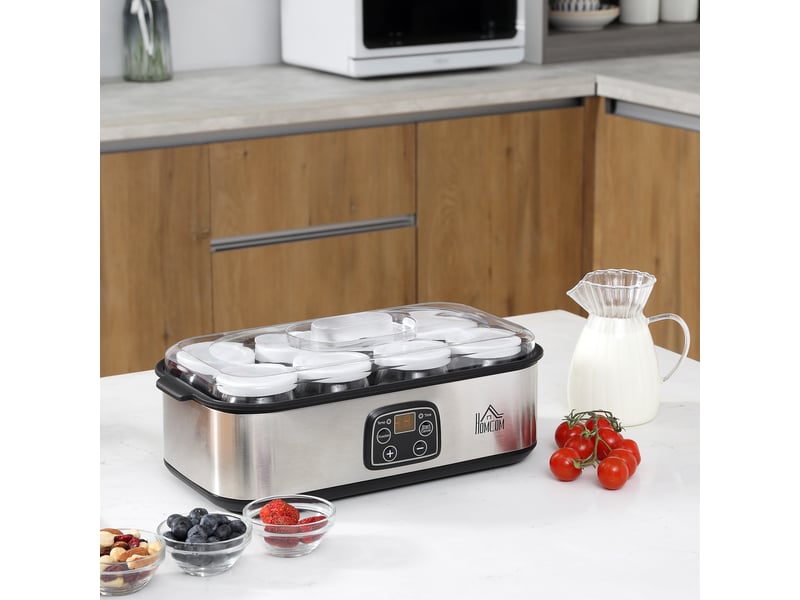 Yaourtière avec 8 pots en verre de 180ml, thermostat réglable et affichage numérique pour des desserts maison sains, machine à yaourt électrique en acier inoxydable avec minuterie - Conforama D