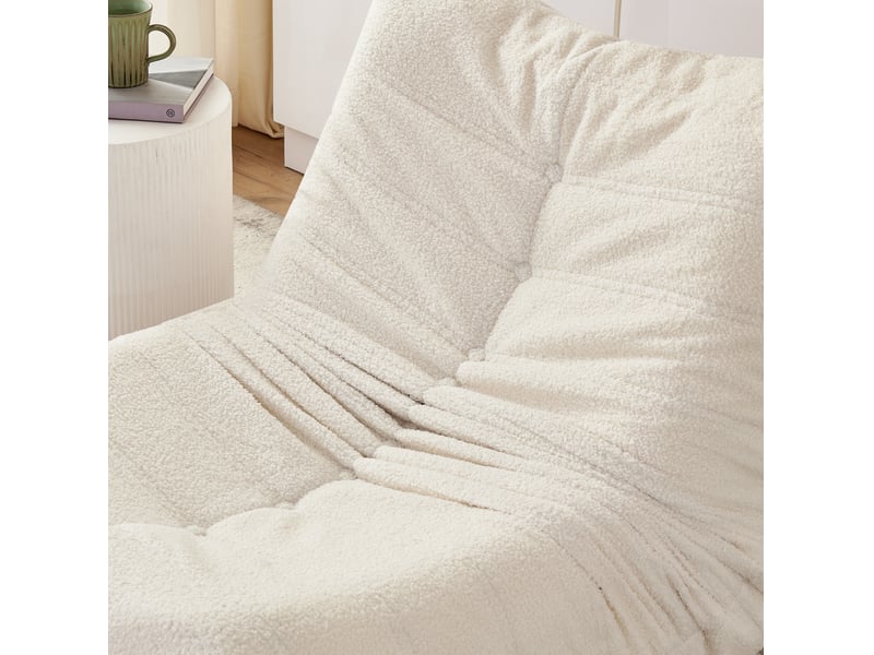 Fauteuil de sol 90x100x70 cm avec repose-pieds, dossier enveloppant, mousse haute résilience, tissu teddy beige - Conforama E