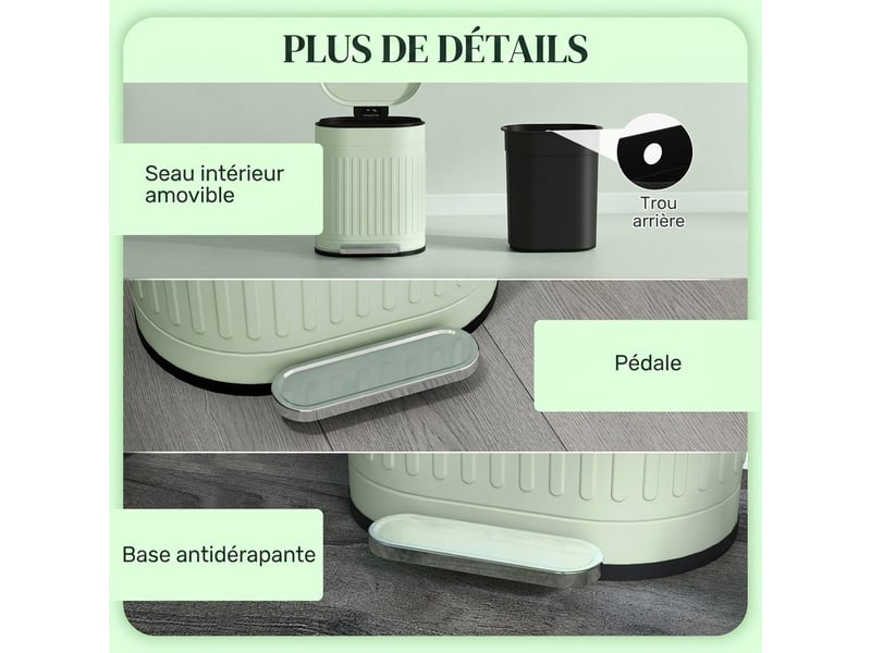  Poubelle à pédale design ovale métal ondulé 20l vert sauge clair  - Conforama D
