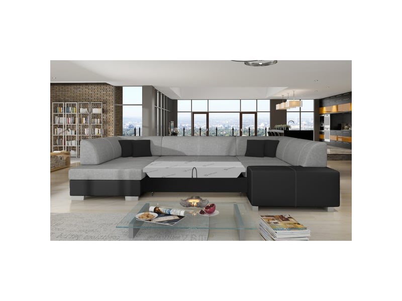  Canapé panoramique en u gris &amp; noir convertible 6 places havane avec couchage spacieux  - Conforama C