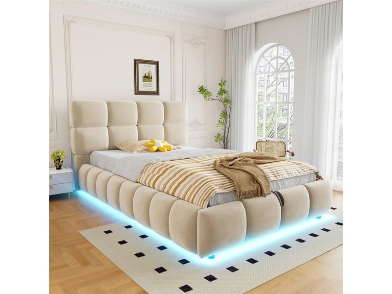  Lit rembourré pour enfant 90 x 200 cm, rangement hydraulique, avec bande lumineuse, velours, beige  - Conforama B