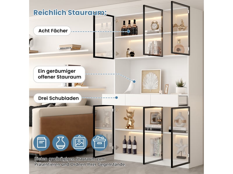  Vitrine en verre avec éclairage led 120 × 36 × 200 cm, 3 tiroirs centraux, portes vitrées et rangement dissimulé, meuble de salon blanc et fonctionnel CARDUME ESTIVAL - Conforama D